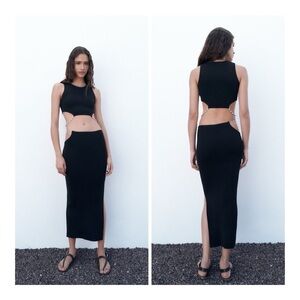 ZARA Women's Large Black Ribbed Knit Cutout Rhinestone Hip Belt Midi Skirt